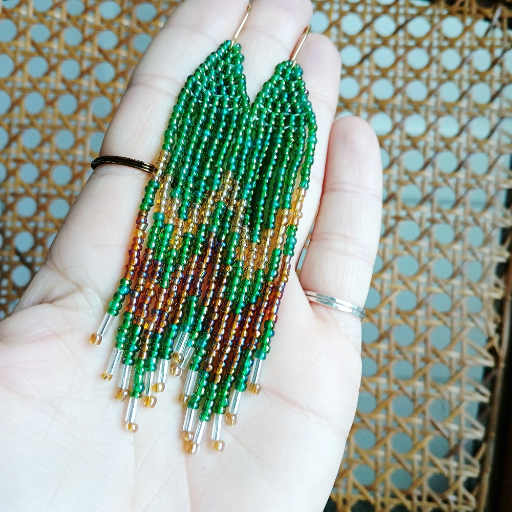 BOGO EARRINGS Boho Chic Green and Gold Beaded Fringe Earrings, Cascade